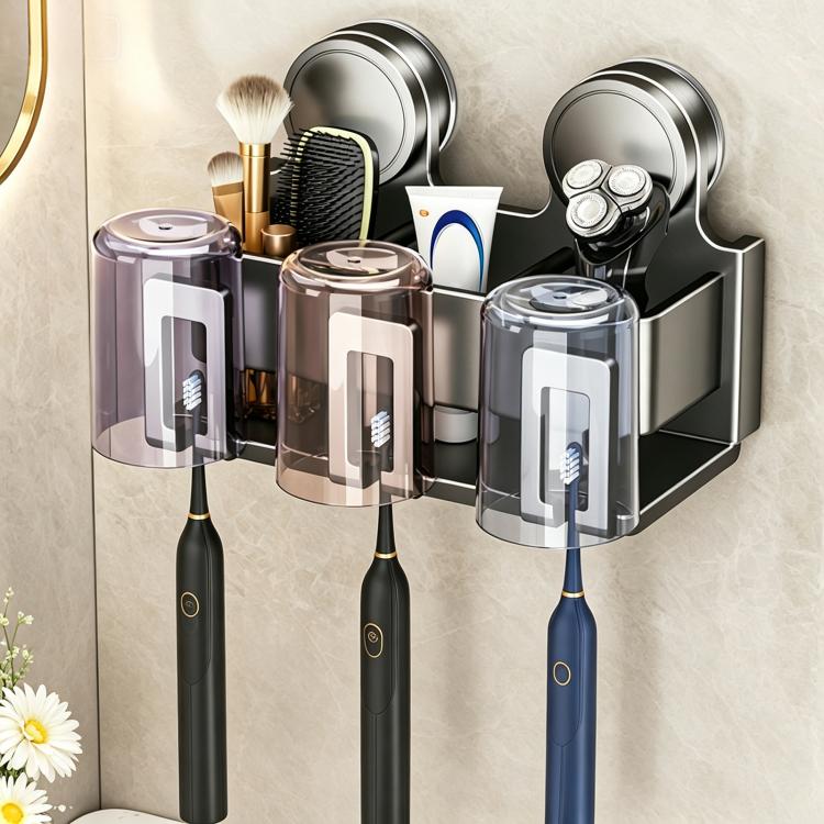 Stainless steel suction cup toothbrush holder with transparent cup covers and four slots