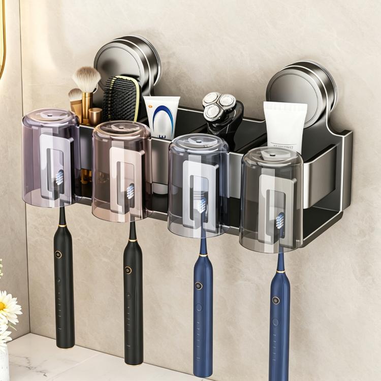 Stainless steel suction cup toothbrush holder with transparent cup covers and four toothbrush slots