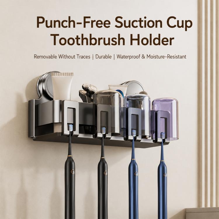 Suction cup toothbrush holder with multiple compartments and toothbrushes on a display card