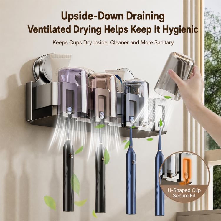 Toothbrush holder with cup drains, suction cups, and ventilated upright drying slots.