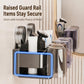 Toothbrush holder rack with raised guard rail and suction cups for secure storage.