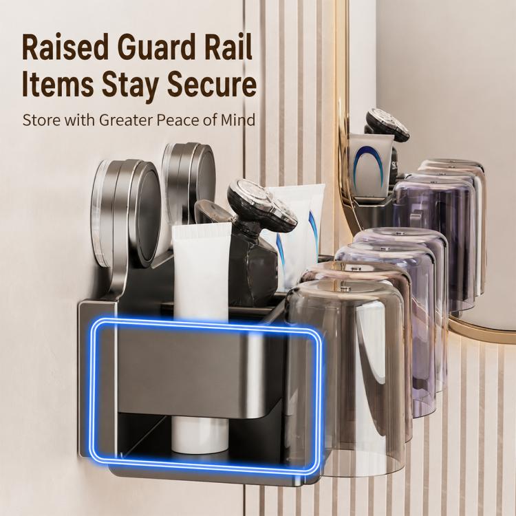 Toothbrush holder rack with raised guard rail and suction cups for secure storage.