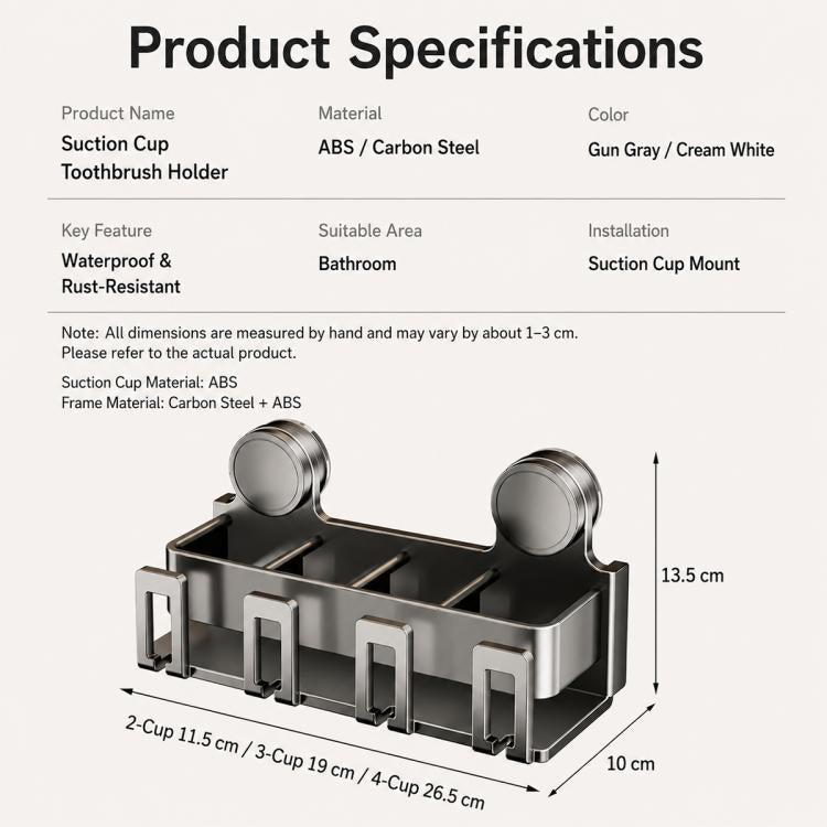 Suction-mounted toothbrush holder with multiple cup slots and two round wall-mount discs.