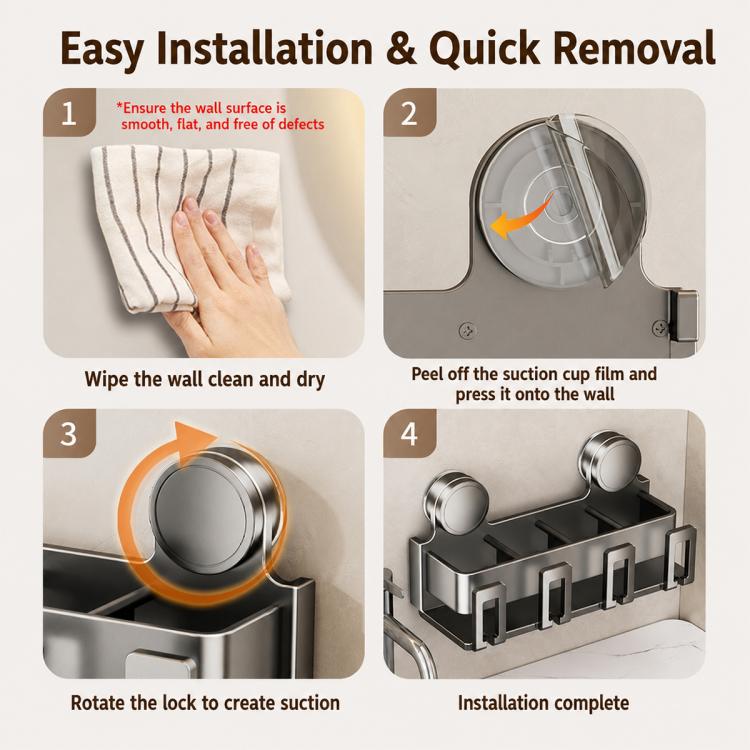 Suction-cup toothbrush holder installation steps showing mount and quick-release rotation.