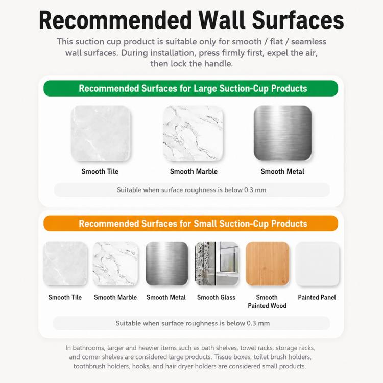 Suction-cup toothbrush holder suitable for smooth tile, marble, and metal wall surfaces.