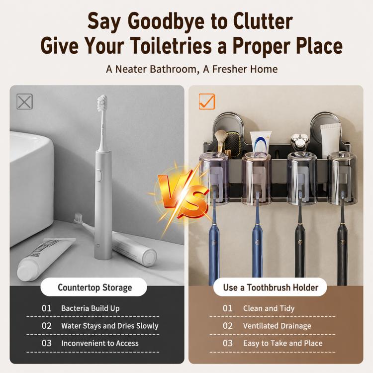 Toothbrush holder usage comparison infographic with suction cup mounted compartments