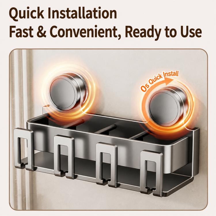 Quick installation infographic showing a suction cup toothbrush holder mounting