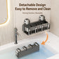 No-drill suction toothbrush holder with removable black rack and two cup holders.