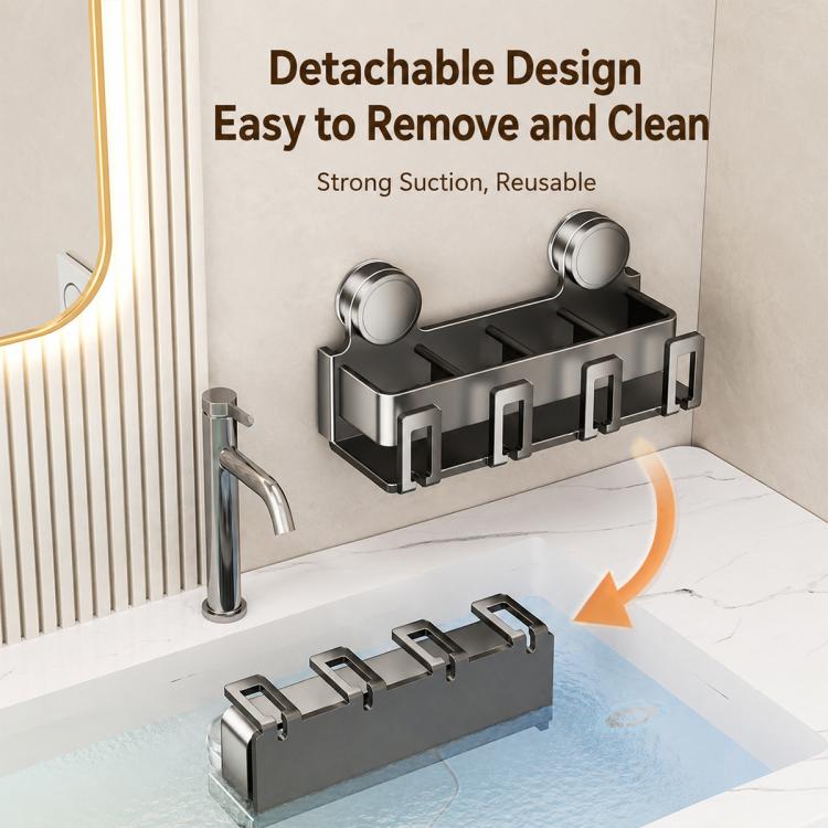 No-drill suction toothbrush holder with removable black rack and two cup holders.