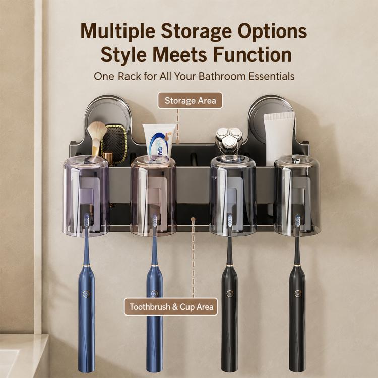 Toothbrush holder organizer with cup-and-brush storage sections and two suction cups.