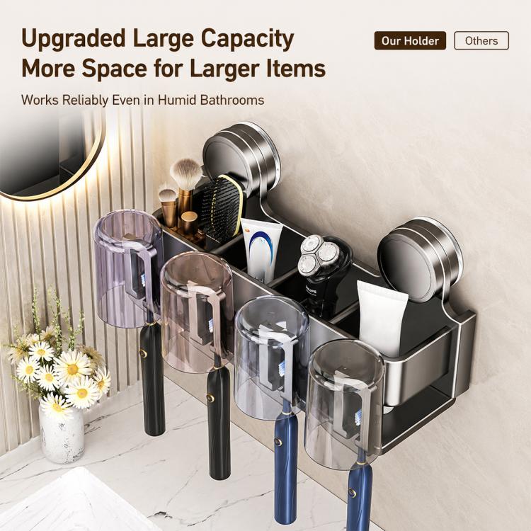 Larger capacity toothbrush holder with cup holders, suction-mount base in dark and clear.