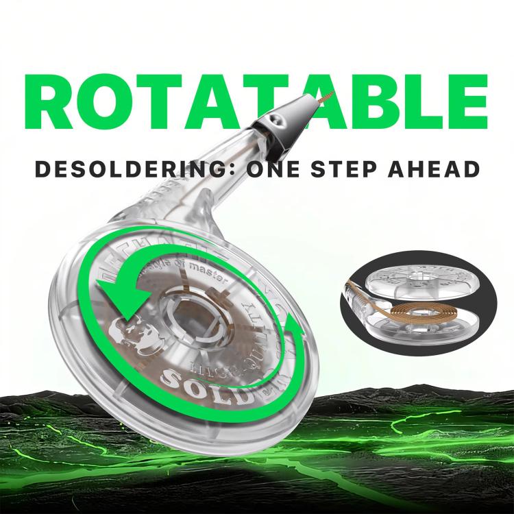 Rotatable desoldering wire spool with metal tip and green directional arrow