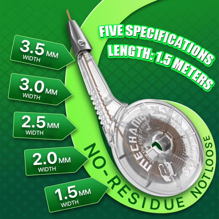 Desoldering wire spool with metal tip and width selection graphics (1.5–3.5 mm)