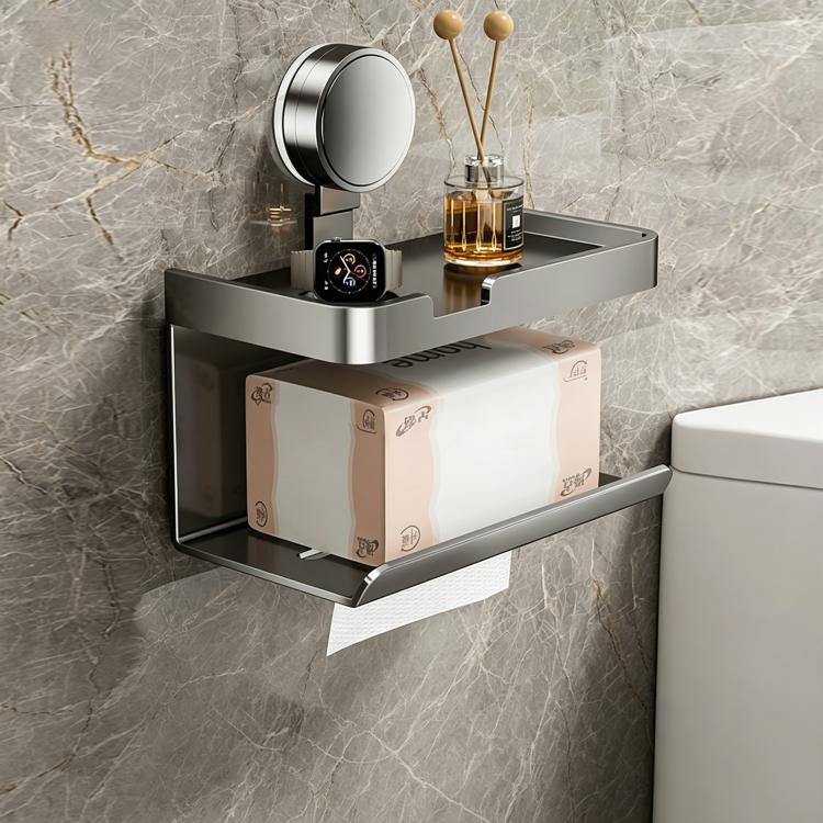 Grey extended no-drill suction cup tissue holder with dual roll sleeves and open tray