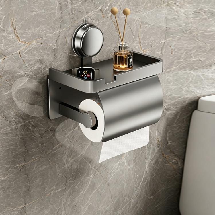 Grey no-drill suction cup dual tissue holder with tissue roll storage and side handle