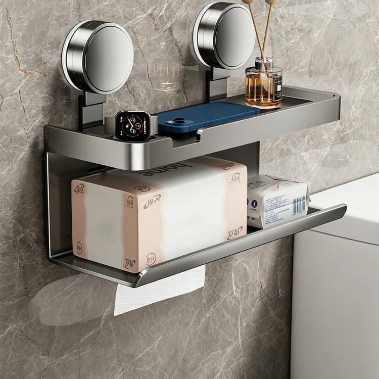Grey extended no-drill suction cup tissue holder with two roll sleeves and open tray