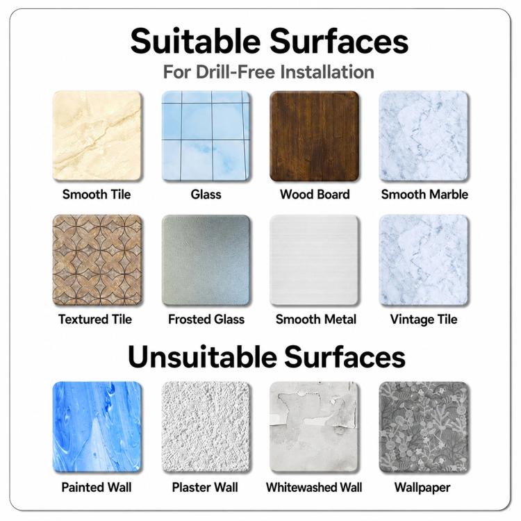 Drill-free mounting surfaces guide for suction cup tissue box holder, suitable and unsuitable