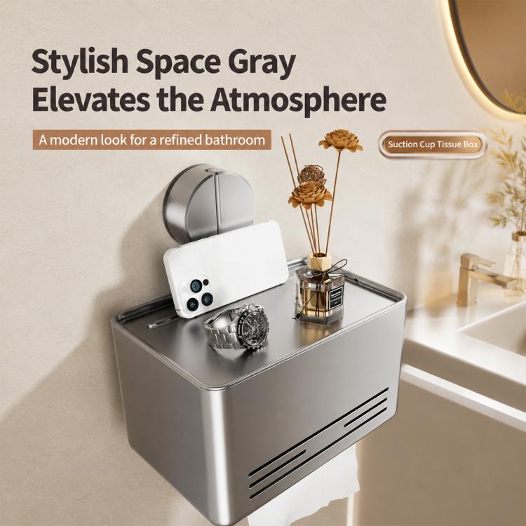 Grey no-drill suction cup tissue holder with front vents and roll storage shelf