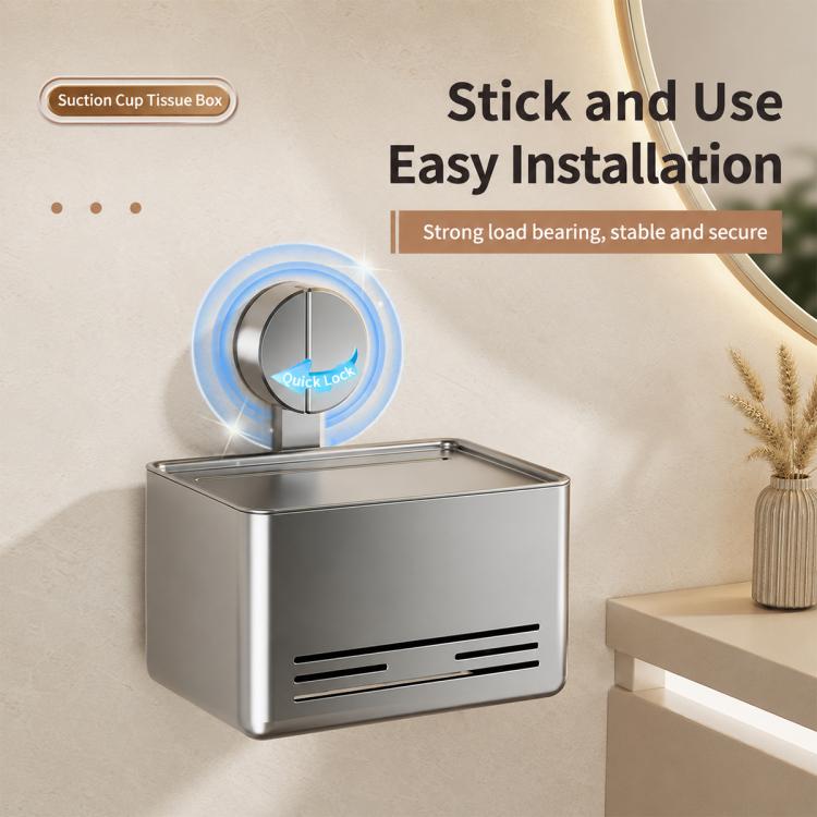 No-drill suction cup tissue box holder, grey metal box with wall-mounted suction base
