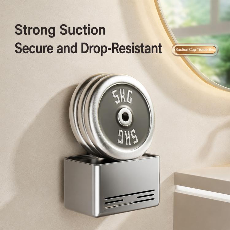 No-drill suction cup tissue box holder, grey metal box with stacked suction cups