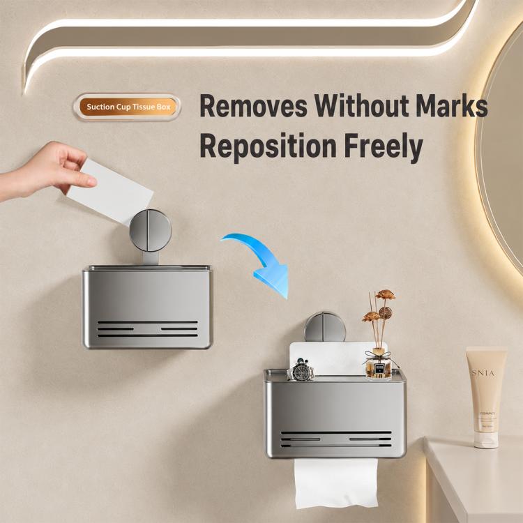 No-drill suction cup tissue box holder, grey metal base with suction cup mount