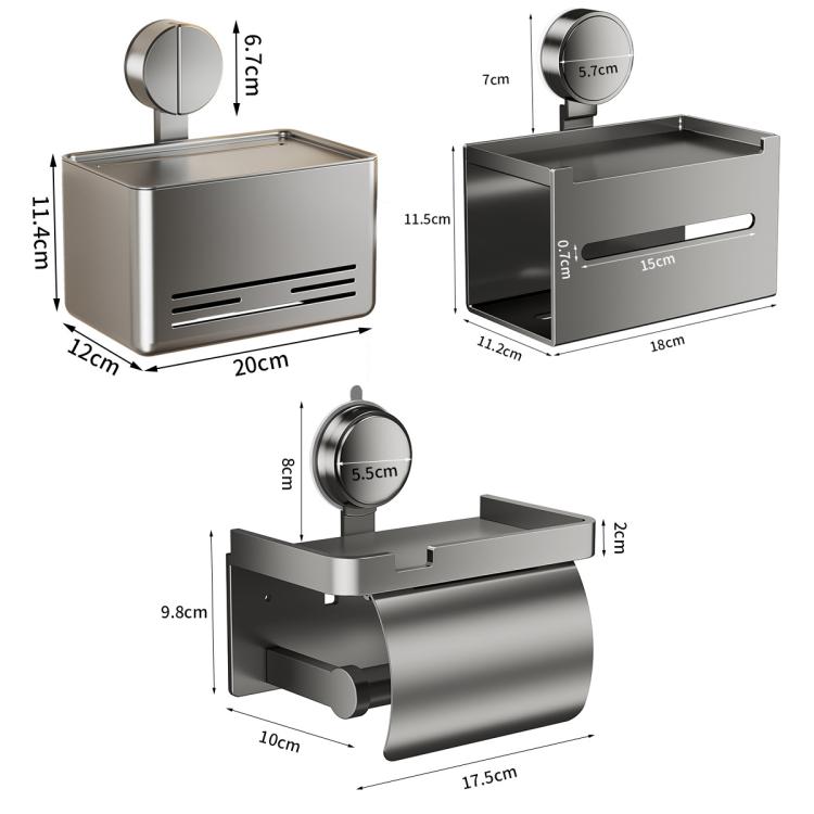 Grey metal dual tissue box holder with suction cup mount, size measurements shown