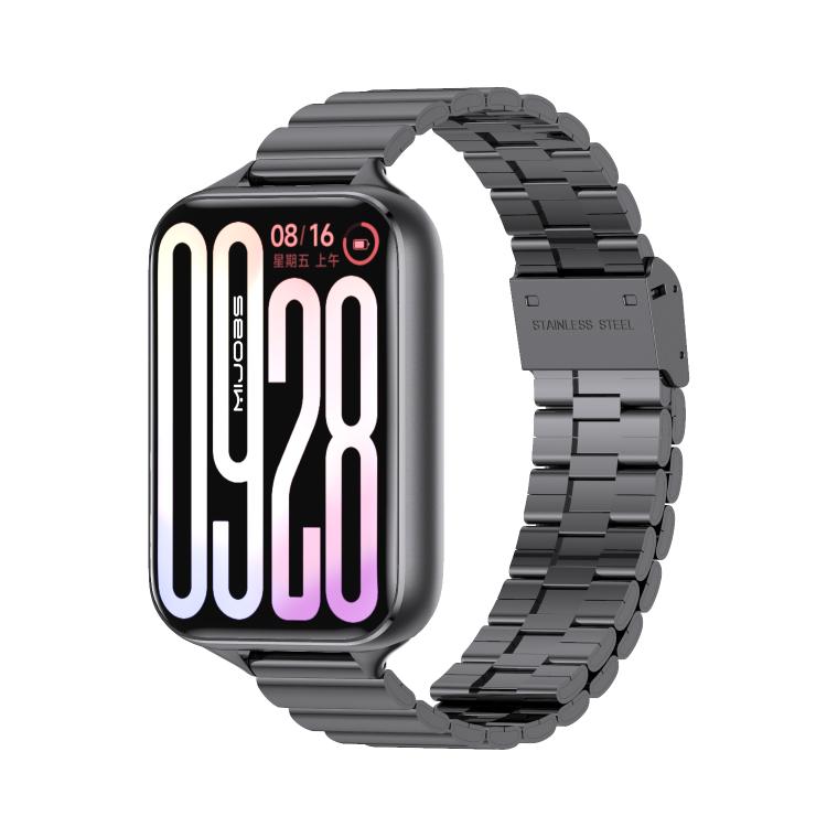 Black stainless steel link watch band with a rectangular smartwatch attached