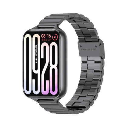 Black stainless steel link watch band with a rectangular smartwatch attached