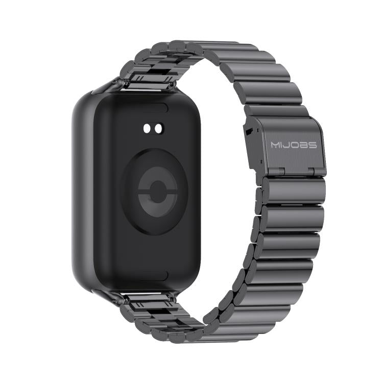 Black stainless steel watch band shown with the back of a rectangular smartwatch
