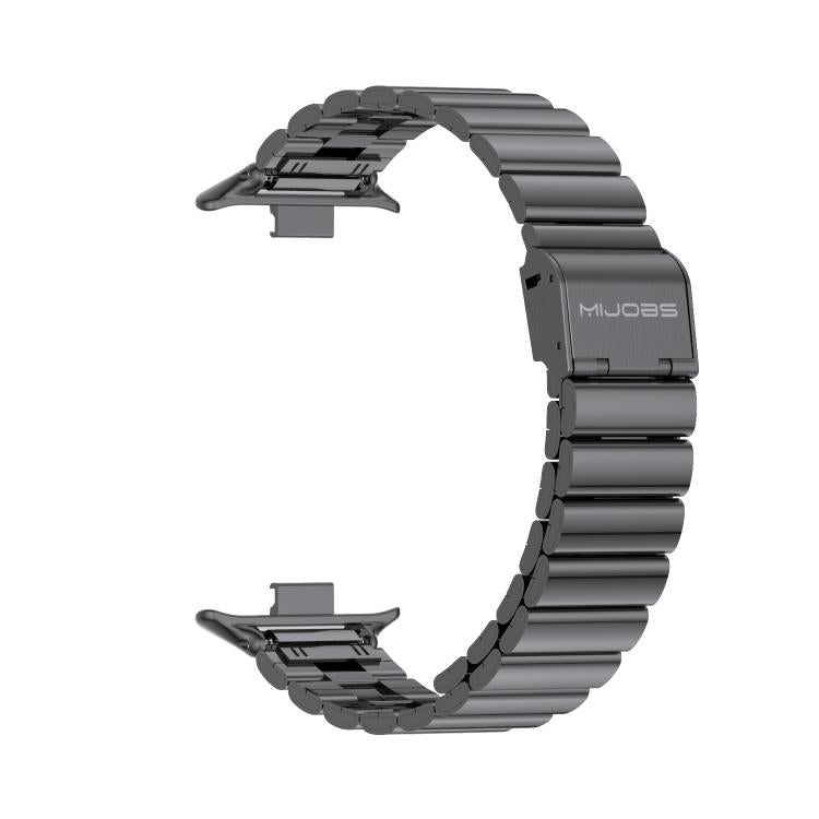 Black stainless steel link watch band with folding clasp, shown without the watch