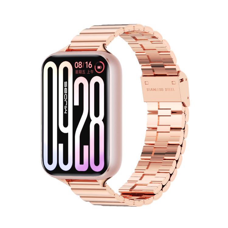 Rose gold stainless steel link watch band with a rectangular smartwatch attached