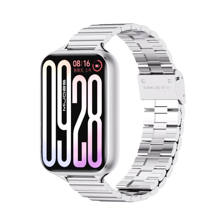 Silver stainless steel link watch band with a rectangular smartwatch attached