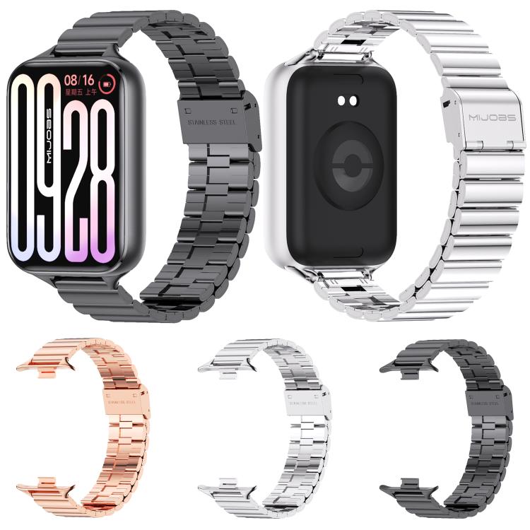 Stainless steel link watch bands in black, silver, and rose gold, shown with a smartwatch