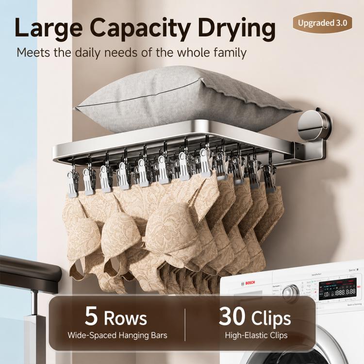 No-drill Vacuum Suction Cup Multi-Clip Folding Balcony Underwear Drying Rack, 18 Clips, 24 Clips, 30 Clips