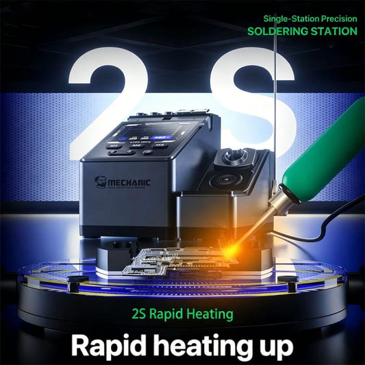 Soldering station heating a circuit board with glowing tip and green-handled iron