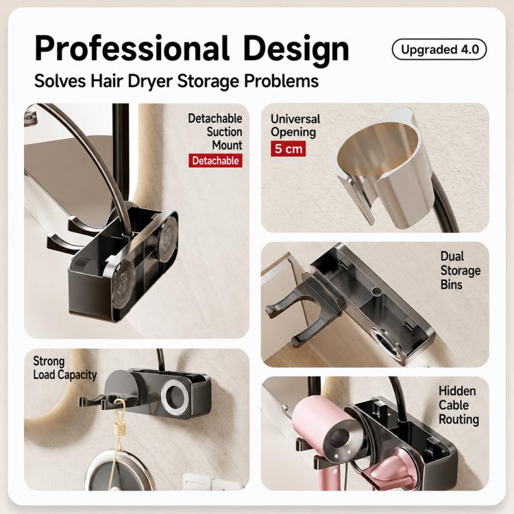 Suction-cup hair dryer holder with detachable suction module and dual tool storage bins