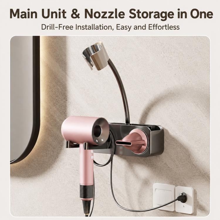 Wall-mounted suction cup hair dryer holder with pink dryer and integrated cable routing
