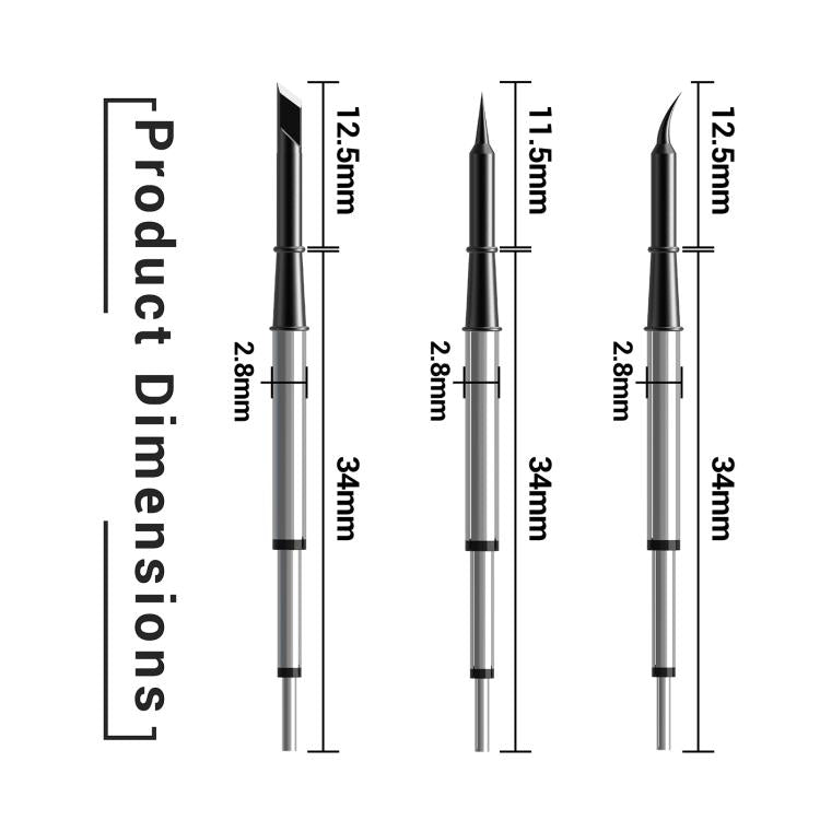 C115 soldering iron tip size diagram, needle point with 12mm/28mm dimensions
