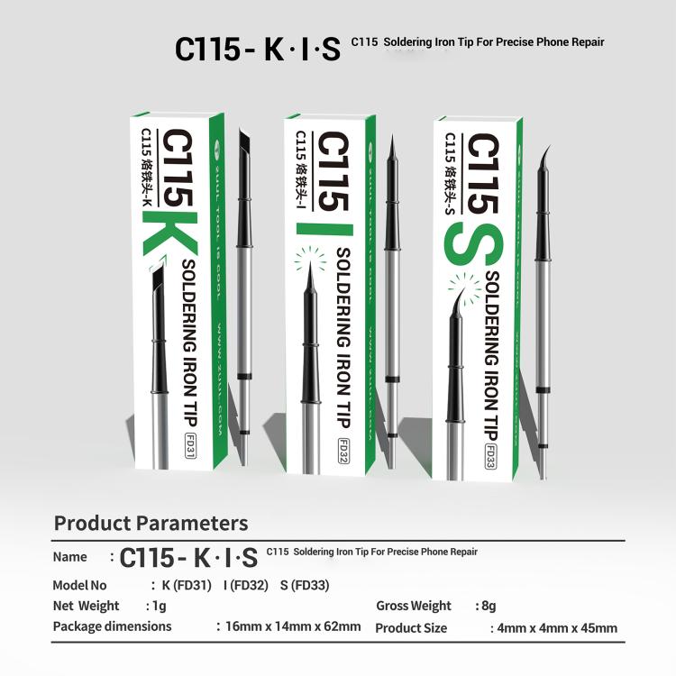 C115 soldering iron tips set with product parameters panel and three boxed tips