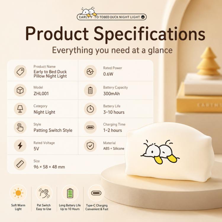 ZHL001Y Early To Bed Pillow Duck Night Light Touch Sensor Bedside Lamp