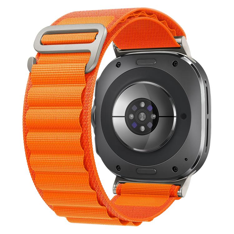 Orange nylon loop watch band with silver buckle, shown attached to a smartwatch