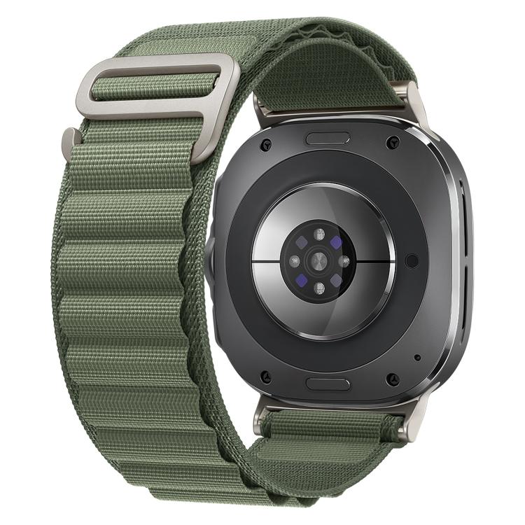 Olive green woven nylon watch band with silver G-hook buckle on a smartwatch