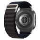 Dark navy woven nylon watch band with silver G-hook buckle on a smartwatch