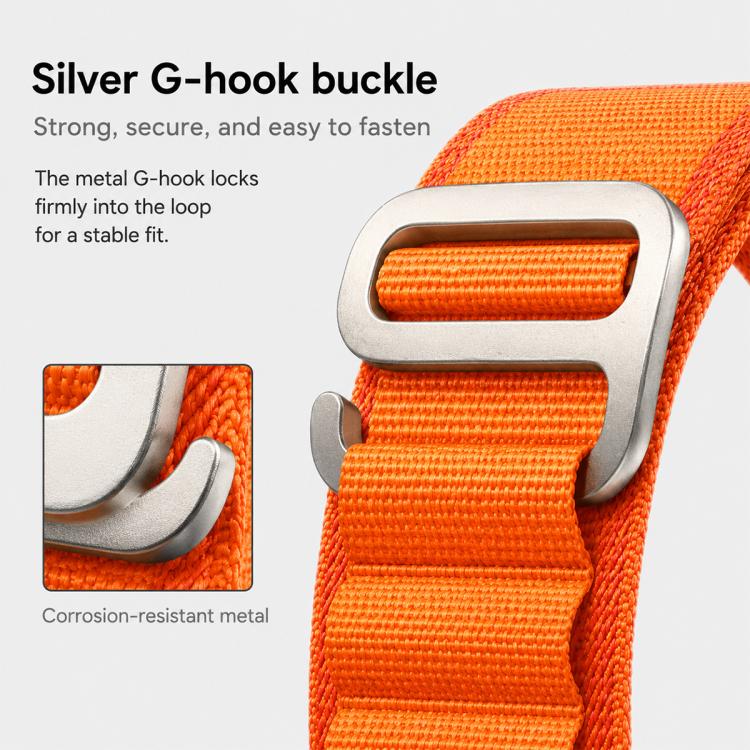 Close-up of orange woven nylon watch band and silver G-hook buckle