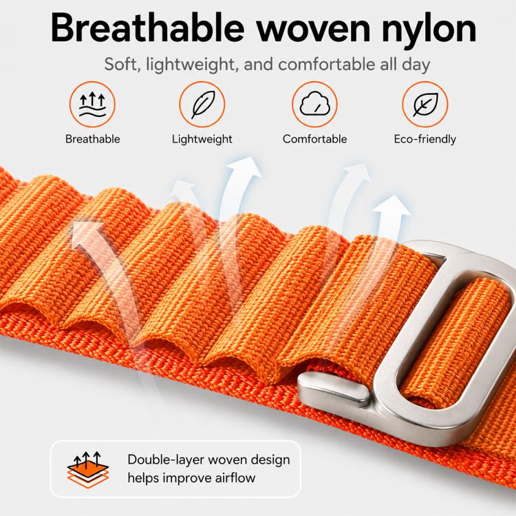 Close-up of orange woven nylon watch band showing its layered texture and silver buckle