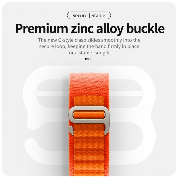 Orange nylon watch band with a silver alloy buckle, viewed from above