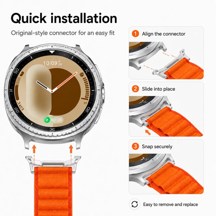 Orange nylon watch band shown attaching to a smartwatch with a slide-in connector