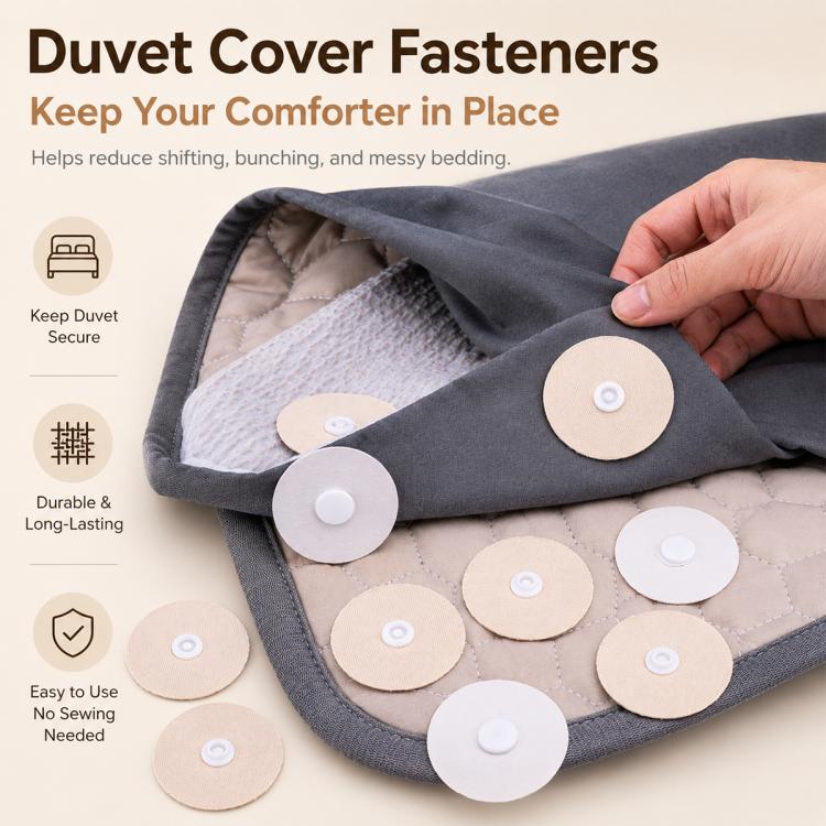 Set of round adhesive duvet cover fasteners securing bedding at corners