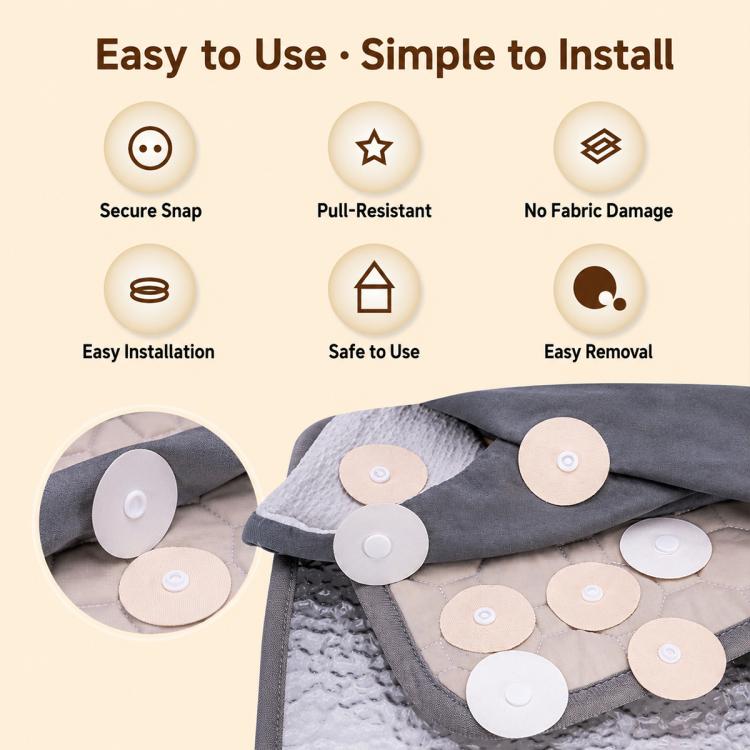 Duvet cover snap fasteners with adhesive backing for quick, needle-free use