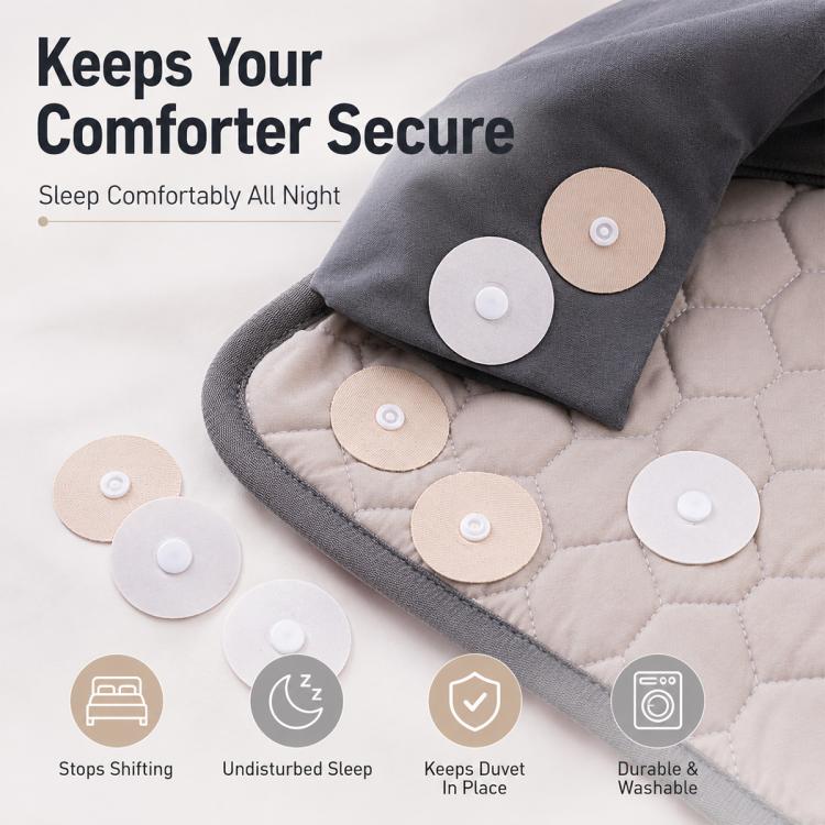Round adhesive snap fasteners helping keep duvet layers in place